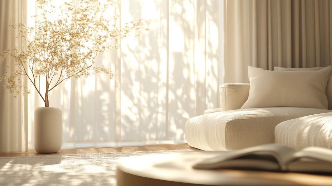 A Sunlit Living Room with Neutral Decor, Featuring a Beige Sofa with Cushions, a White Ceramic Vase with Delicate Dried Branches, Sheer Curtains, and A Book on A Wooden Coffee Table