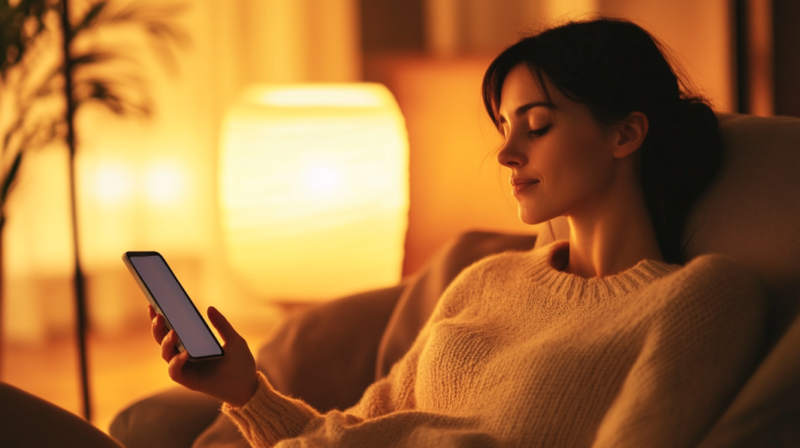 A Woman in A Cozy Sweater Sits on A Sofa, Looking at Her Smartphone, Illuminated by The Warm Glow of A Nearby Lamp, While Browsing for Living Room Decor Inspiration on Pinterest and Instagram