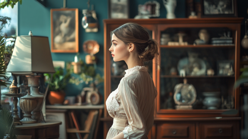 A Woman in A Vintage-Inspired Outfit Stands in A Room Filled with Antique Furniture, Ornate Decor Items, and Framed Artwork, Exploring Unique Living Room Decor Ideas