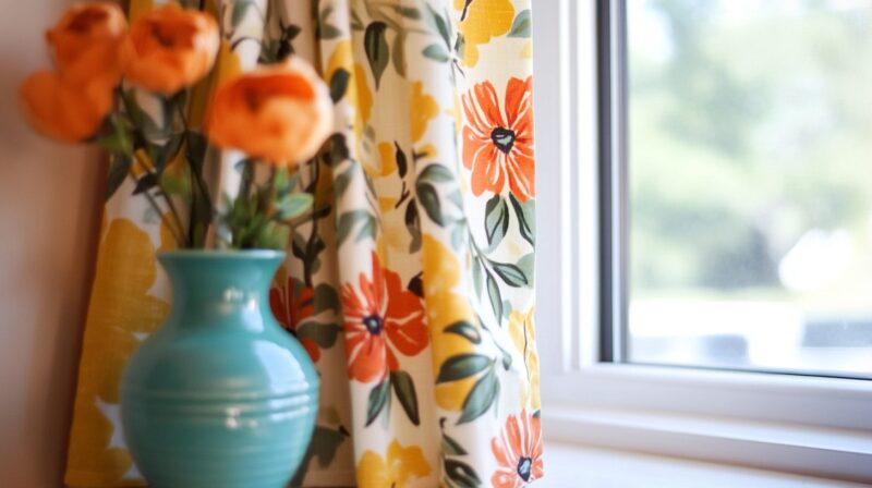 A close-up image of a windowsill featuring a vibrant floral curtain with yellow, orange, and green hues. Next to the window is a turquoise vase holding orange flowers, adding a bright, cheerful touch to the cozy indoor setting. The scene feels fresh and welcoming, with natural light illuminating the space.