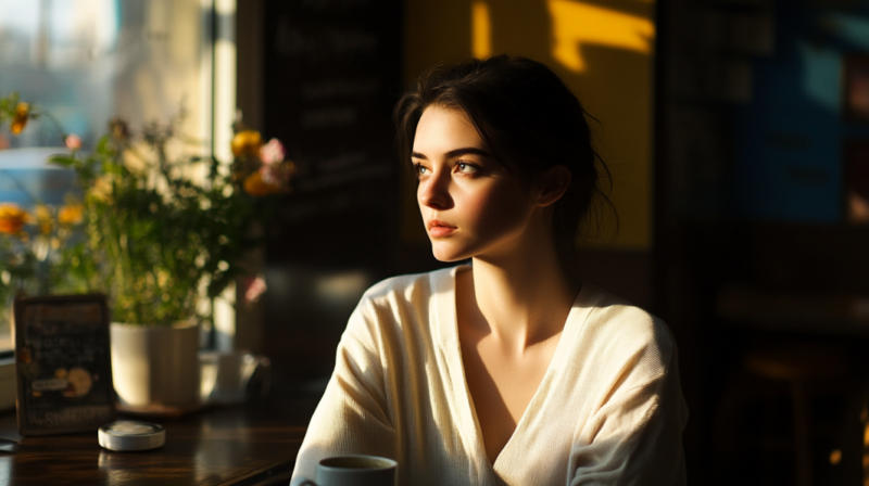 A Woman in A Cozy Café, Sitting by A Window Bathed in Warm Sunlight, Gazes Thoughtfully Into the Distance, Surrounded by Flowers and A Coffee Cup, Drawing Inspiration for Living Room Decor