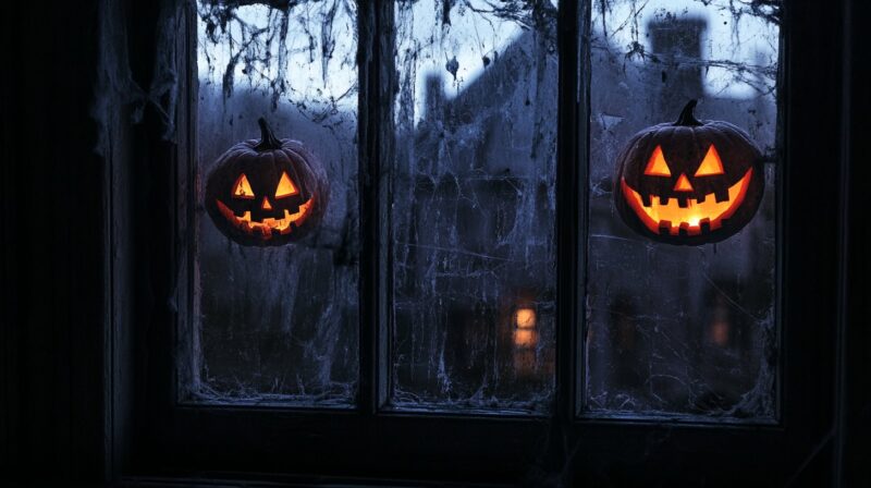 Two glowing jack-o'-lanterns with mischievous, carved faces sit on a window ledge, casting an eerie orange glow through the glass. The window is covered in cobwebs, adding to the spooky Halloween atmosphere