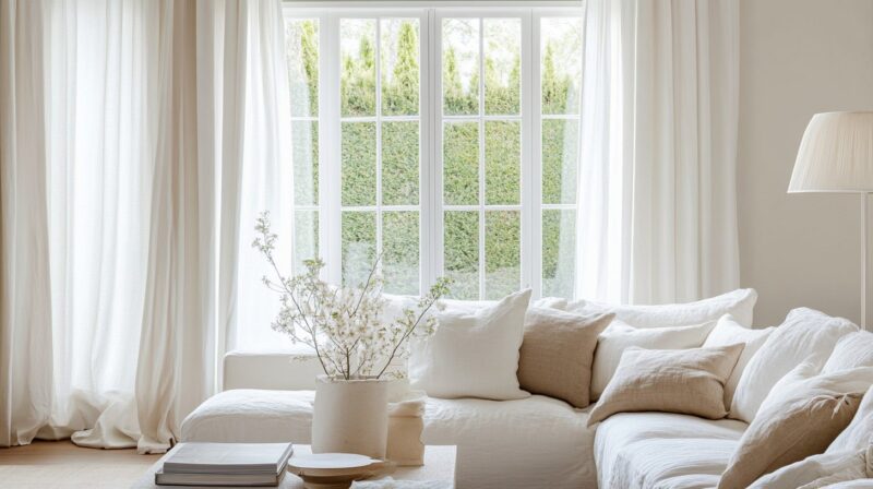 white or cream-colored linen curtains are gently drawn to the sides, creating a soft, elegant look. The room features a plush white sofa adorned with several pillows in neutral tones, including shades of white, beige, and light brown