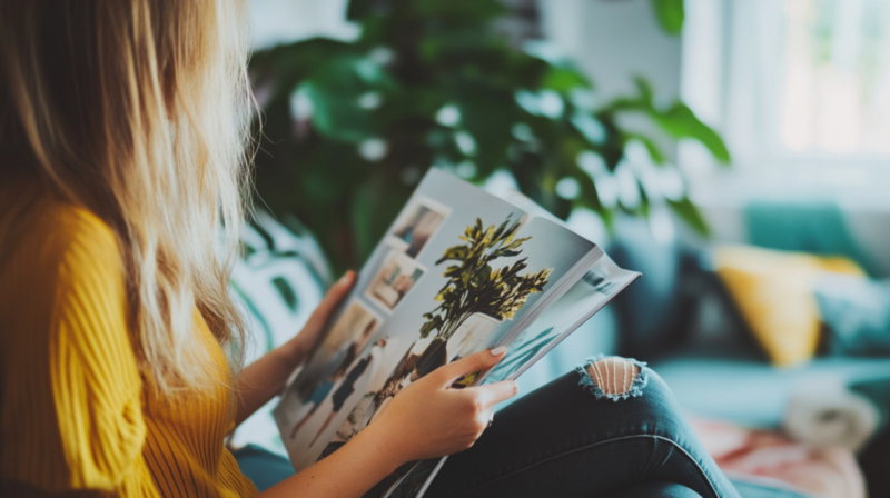 A Woman in A Yellow Sweater Sits in A Cozy, Plant-Filled Living Room, Flipping Through a Design Magazine Filled with Home Decor Ideas